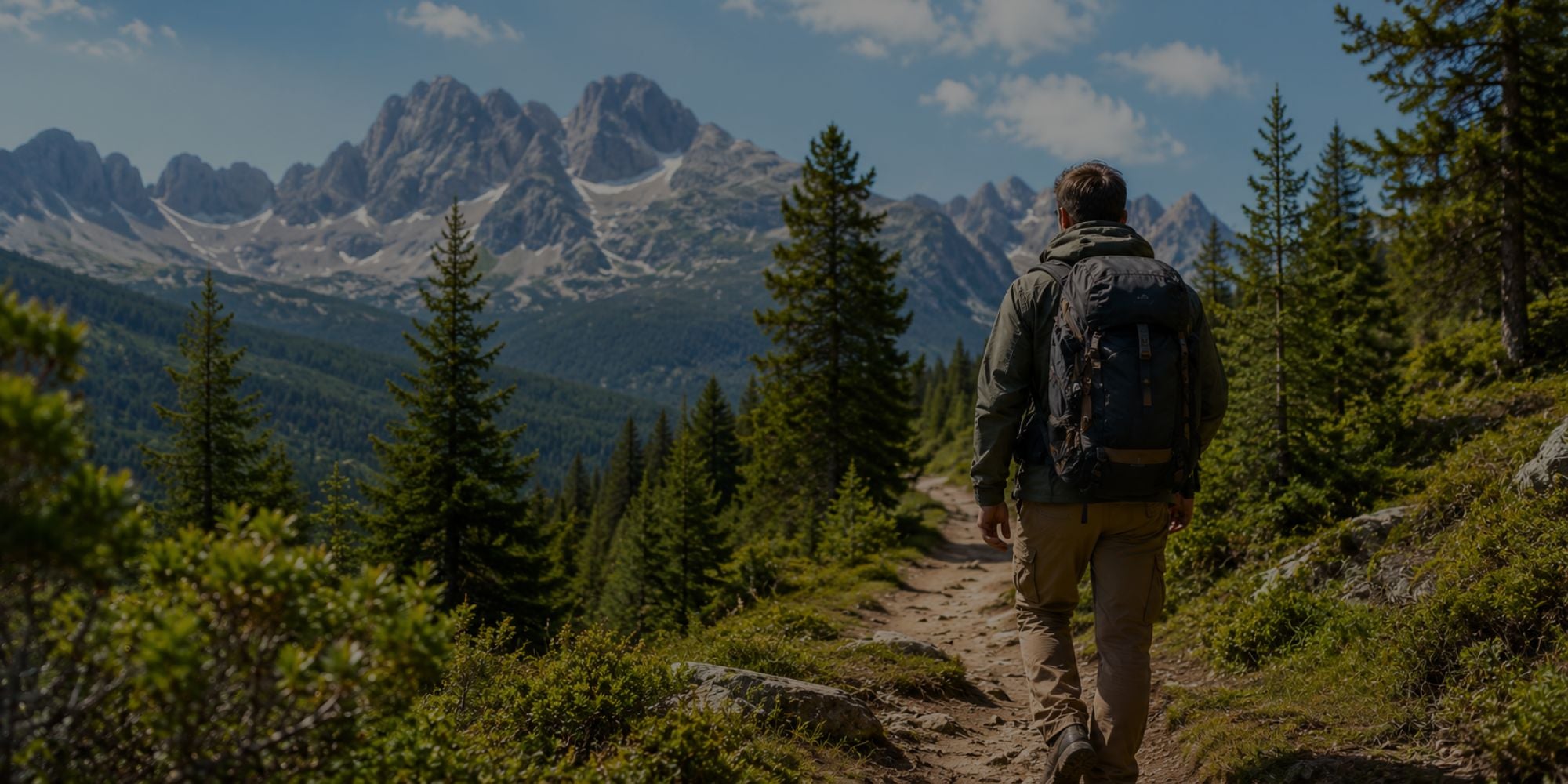 Person hiking on a trail with mountains and trees in the background