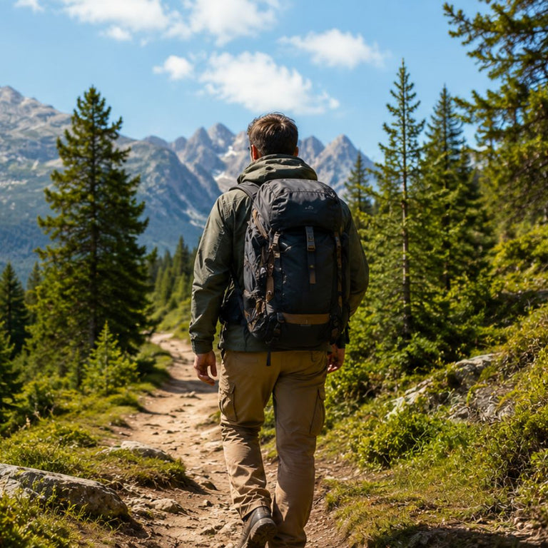 Person hiking on a trail with mountains and trees in the background
