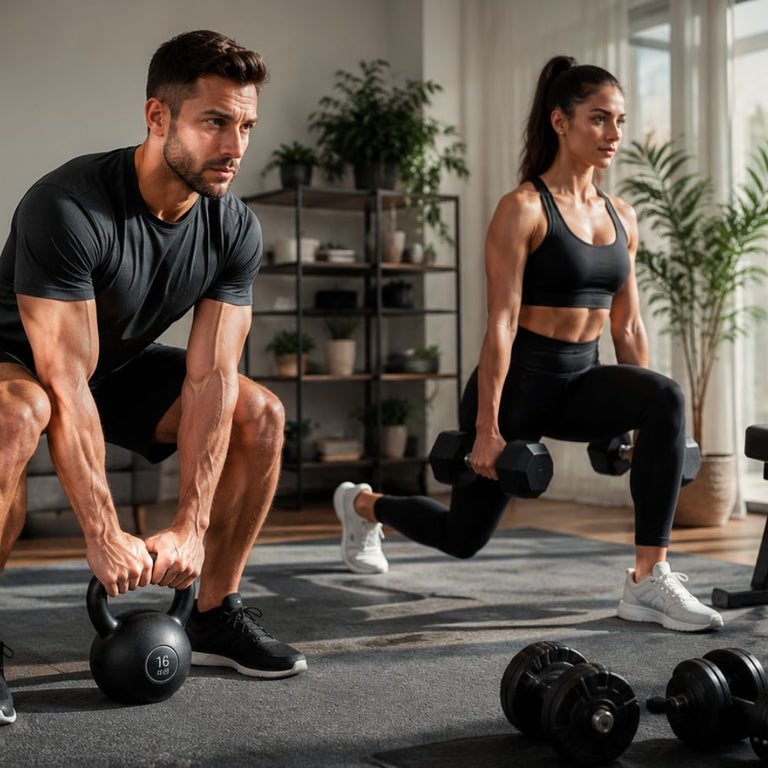 Man and woman exercising with kettlebells in a home setting
