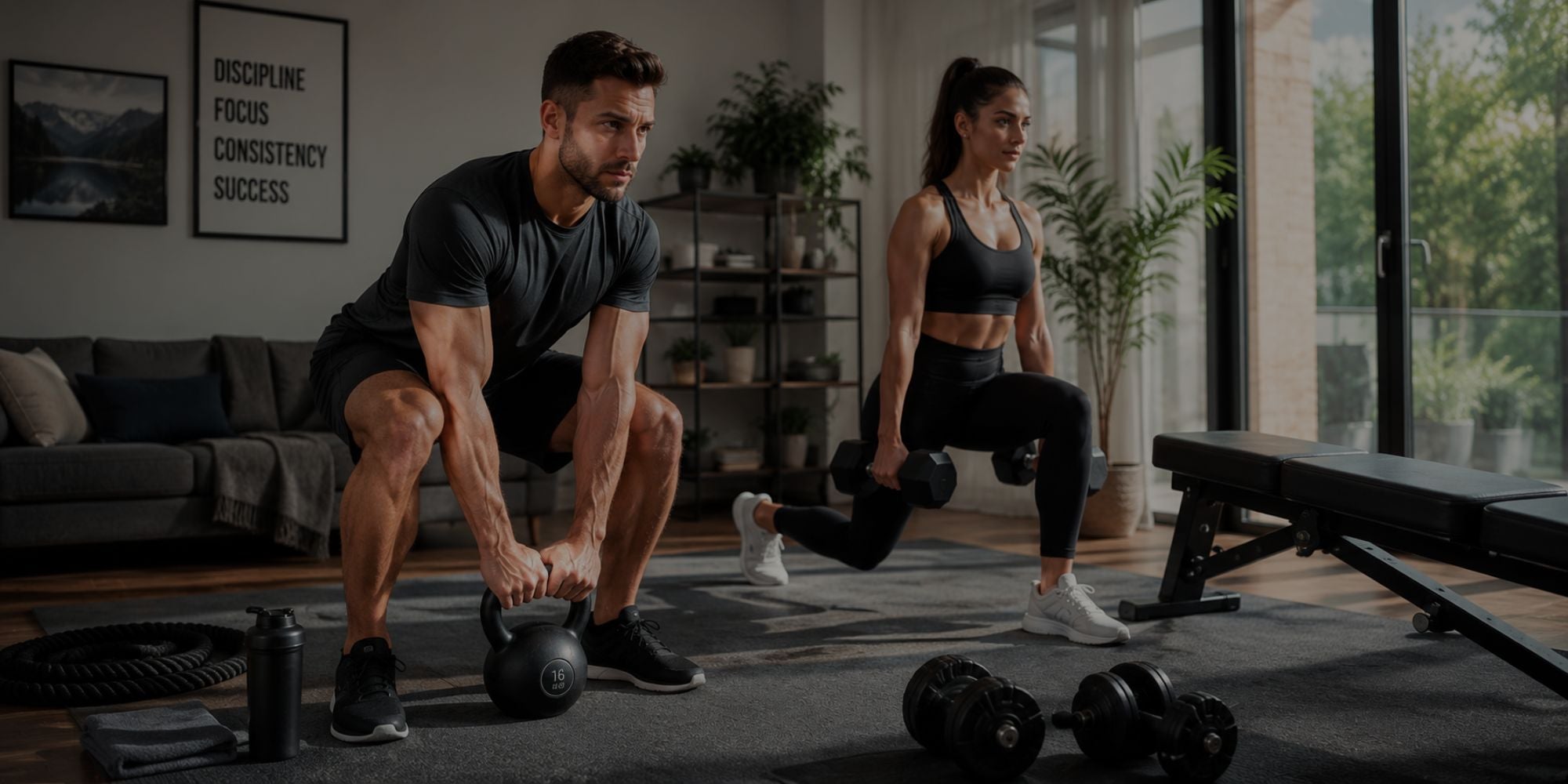 Man and woman exercising with kettlebells in a home setting